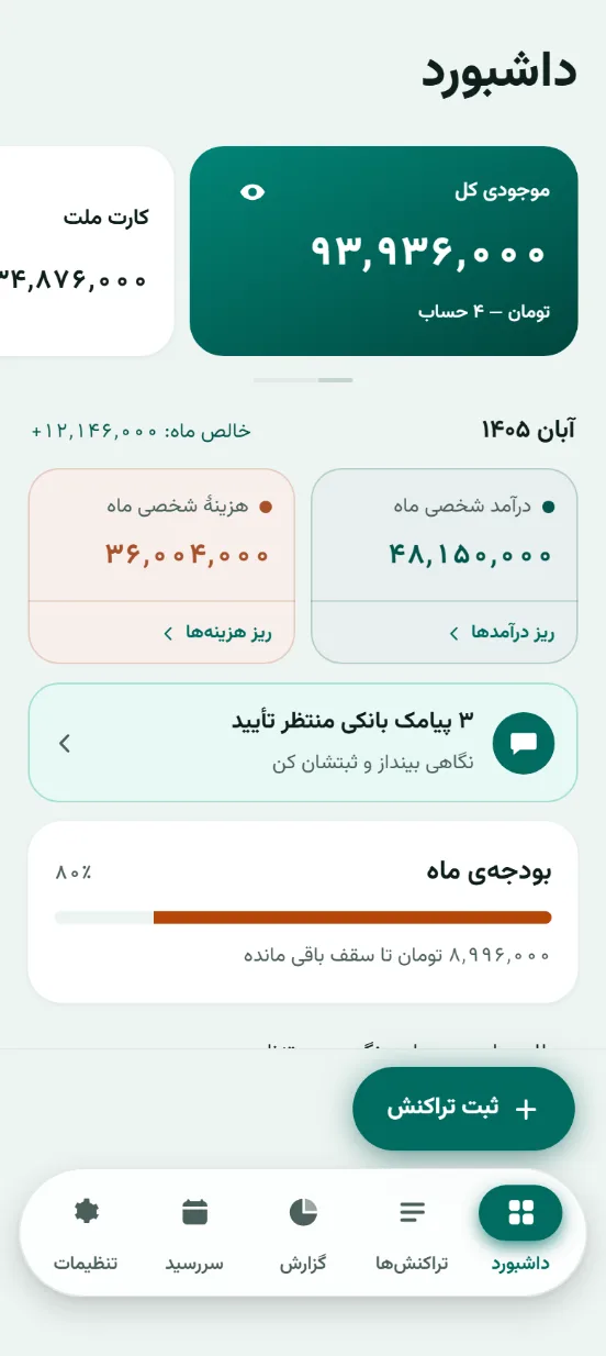 نمای اصلی جیبوک با خلاصه‌ی موجودی و تراکنش‌های اخیر